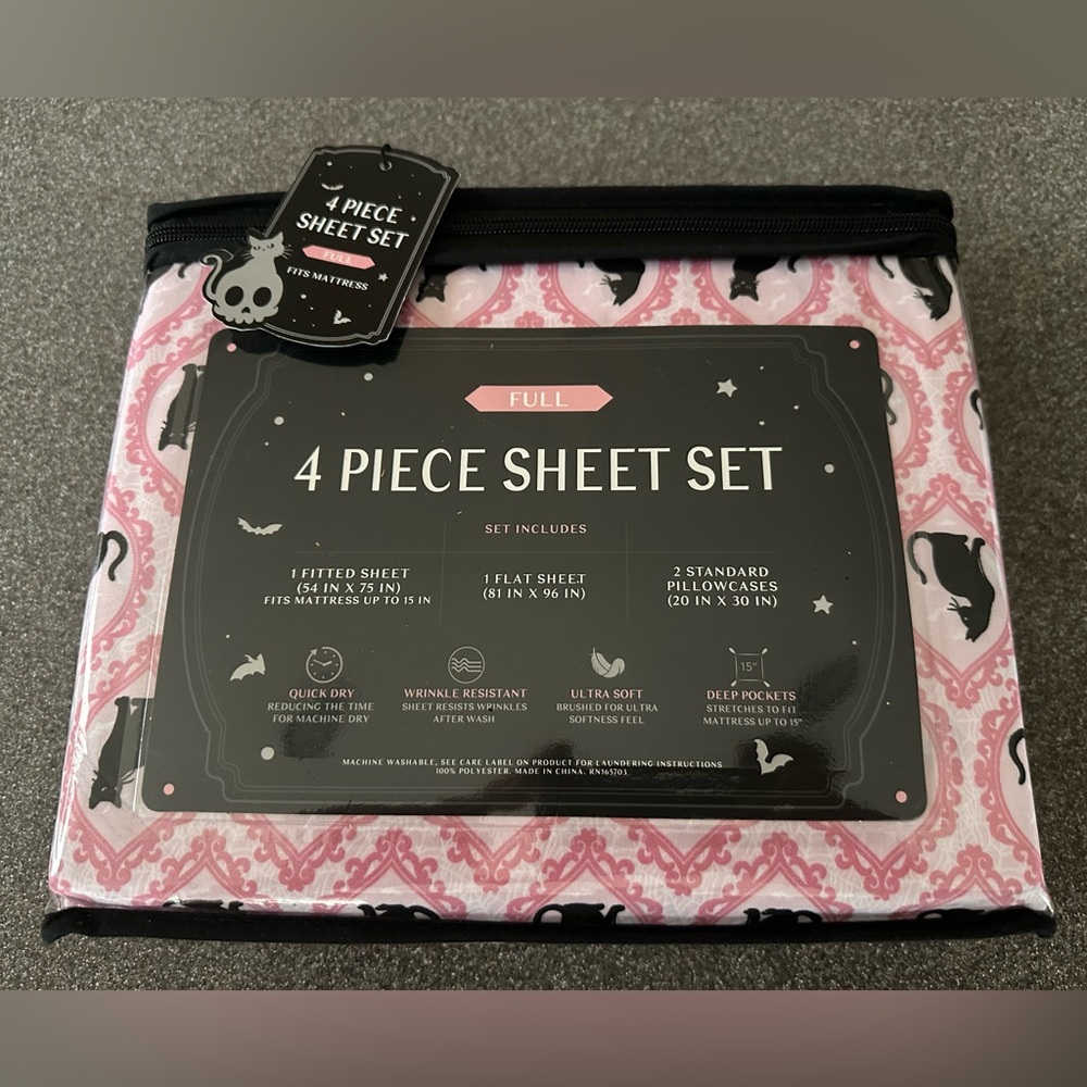 Haunt Haven Full Sheet Set Pink Black Cat Halloween 4 Piece Bedding - Picture 2 of 7
